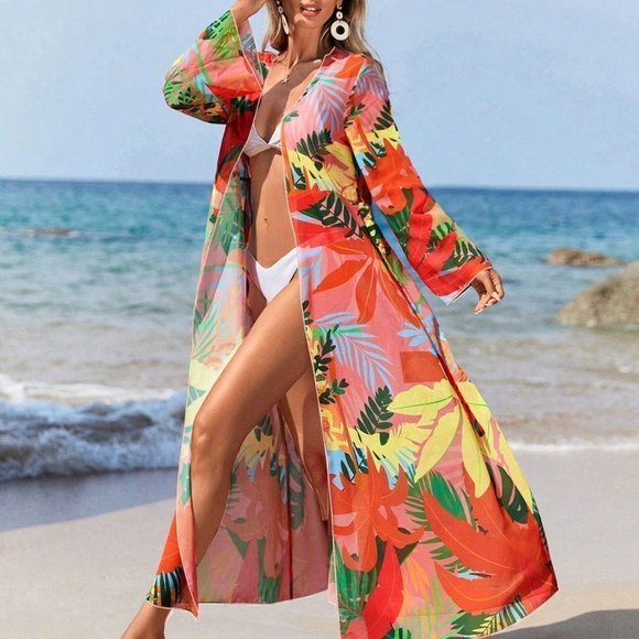 . Other - Multicolor Boho Womens Swim Vcay Tropical Print Belted Kimono